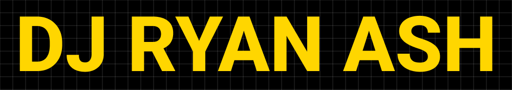 DJ Ryan Ash logo for dark backgrounds — yellow wordmark on black grid
