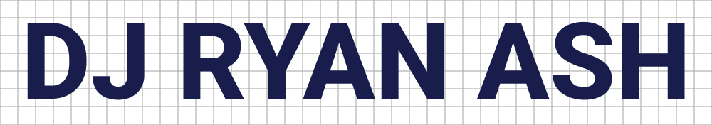 DJ Ryan Ash logo for light backgrounds — navy wordmark on white grid